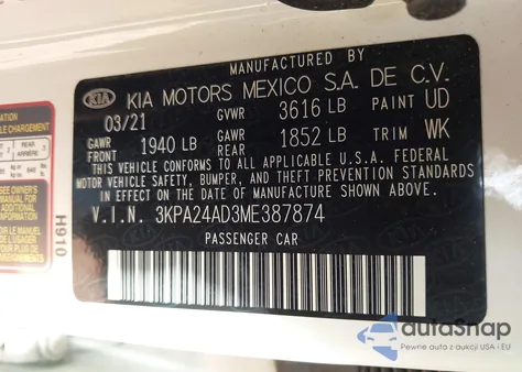 2021 Kia Rio S из США, поврежденный, VIN 3KPA24AD3ME387874